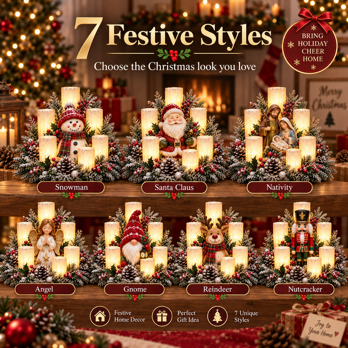 Christmas Lighted Centerpiece with Flameless Candle Glow