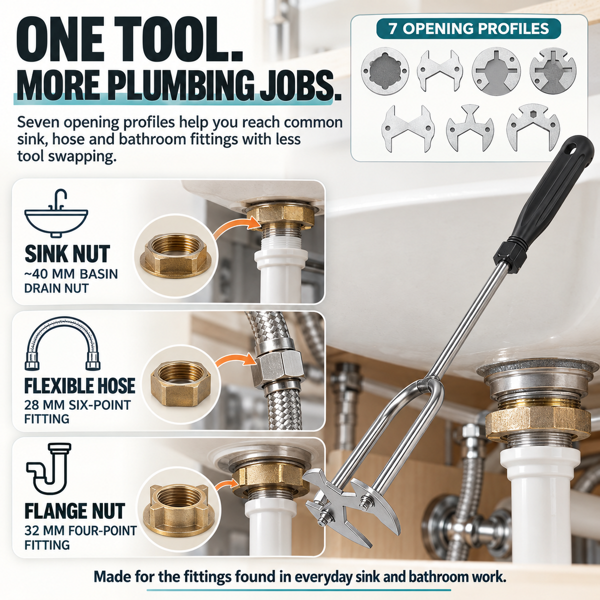 Long handle and compact head on the under-sink wrench