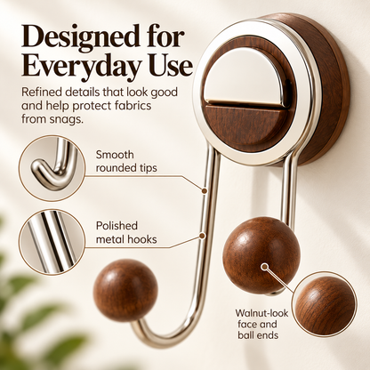 ✨ Drill-Free Foldable Double Hook – Suction Wall Organizer with Walnut-Look Accents