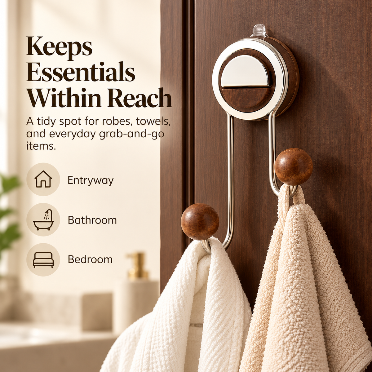 ✨ Drill-Free Foldable Double Hook – Suction Wall Organizer with Walnut-Look Accents