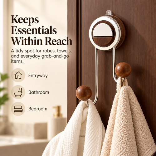 ✨ Drill-Free Foldable Double Hook – Suction Wall Organizer with Walnut-Look Accents
