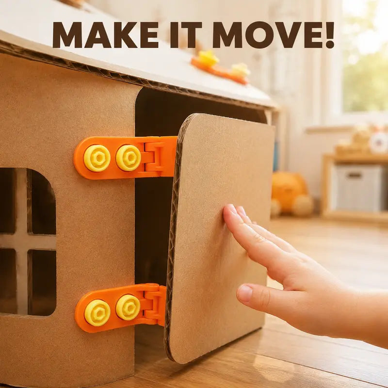 Close-up of orange cardboard construction hinges allowing a handmade cardboard house door to open