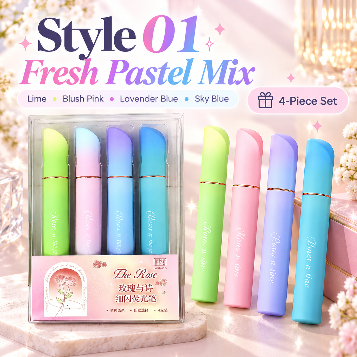✨🌈💖 Sparkly Pastel Highlighter Pens Set – 4-Piece Gradient Glitter Markers for Journaling, Study Notes & Planners 🖊️📚🎀💕