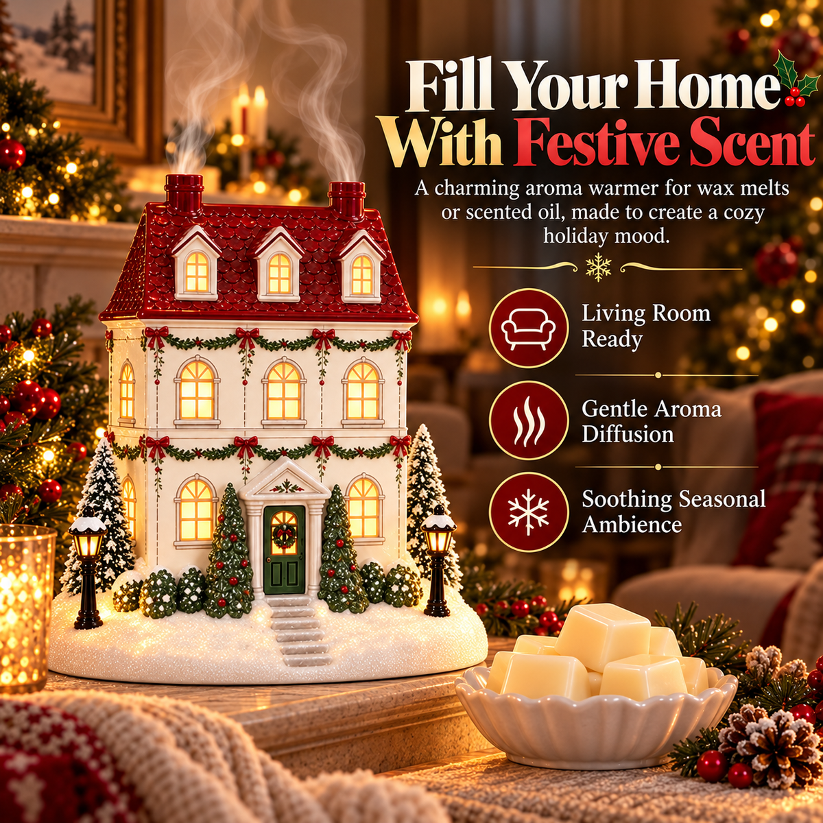 Holiday aroma house with glowing windows on a living room console beside Christmas tree, wax melts, pine garlands and cozy lighting