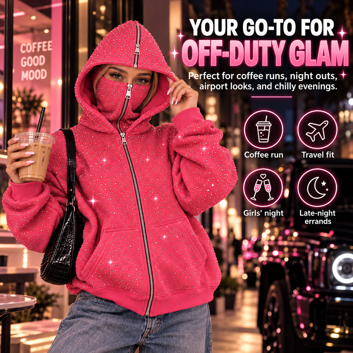 👚Pink Rhinestone Full-Zip Hoodie with Convertible Face Cover – Oversized Streetwear