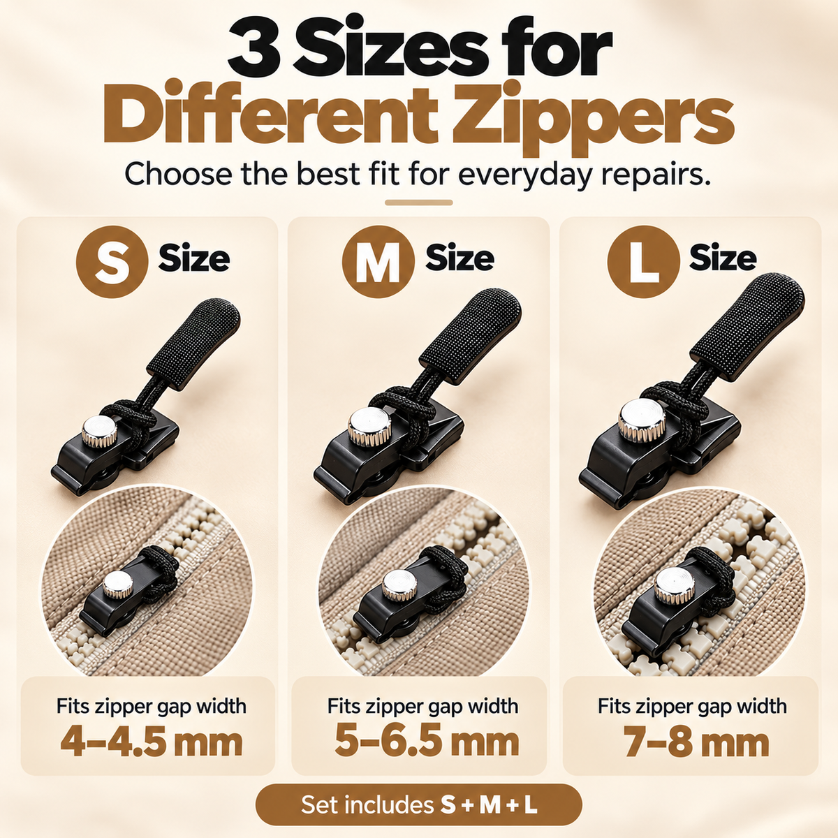 🔧✨ Universal Zipper Repair Kit – No-Sew Detachable Zipper Pull Replacement 🧥🎒 Quick Fix for Broken Zippers ⚡ Adjustable Screw-Lock Design 🔒 3 Sizes (S/M/L) for Jackets, Backpacks, Luggage & More 🧳💖