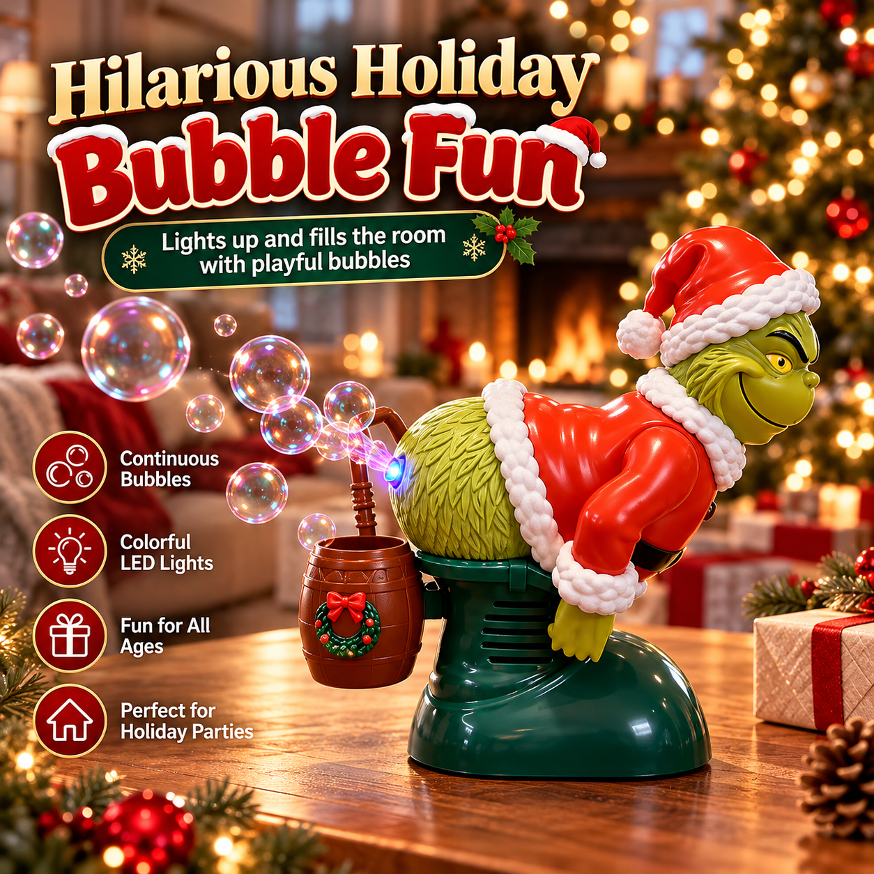 Funny green Christmas character in Santa outfit with LED illuminated bubble machine sending bubbles from its back