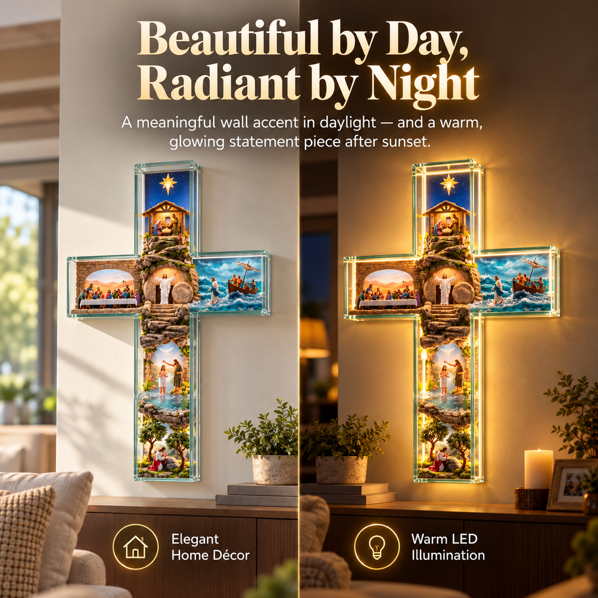 ✝️Illuminated 3D Biblical Story Cross – Warm LED Christian Wall Decor & Meaningful Faith Gift