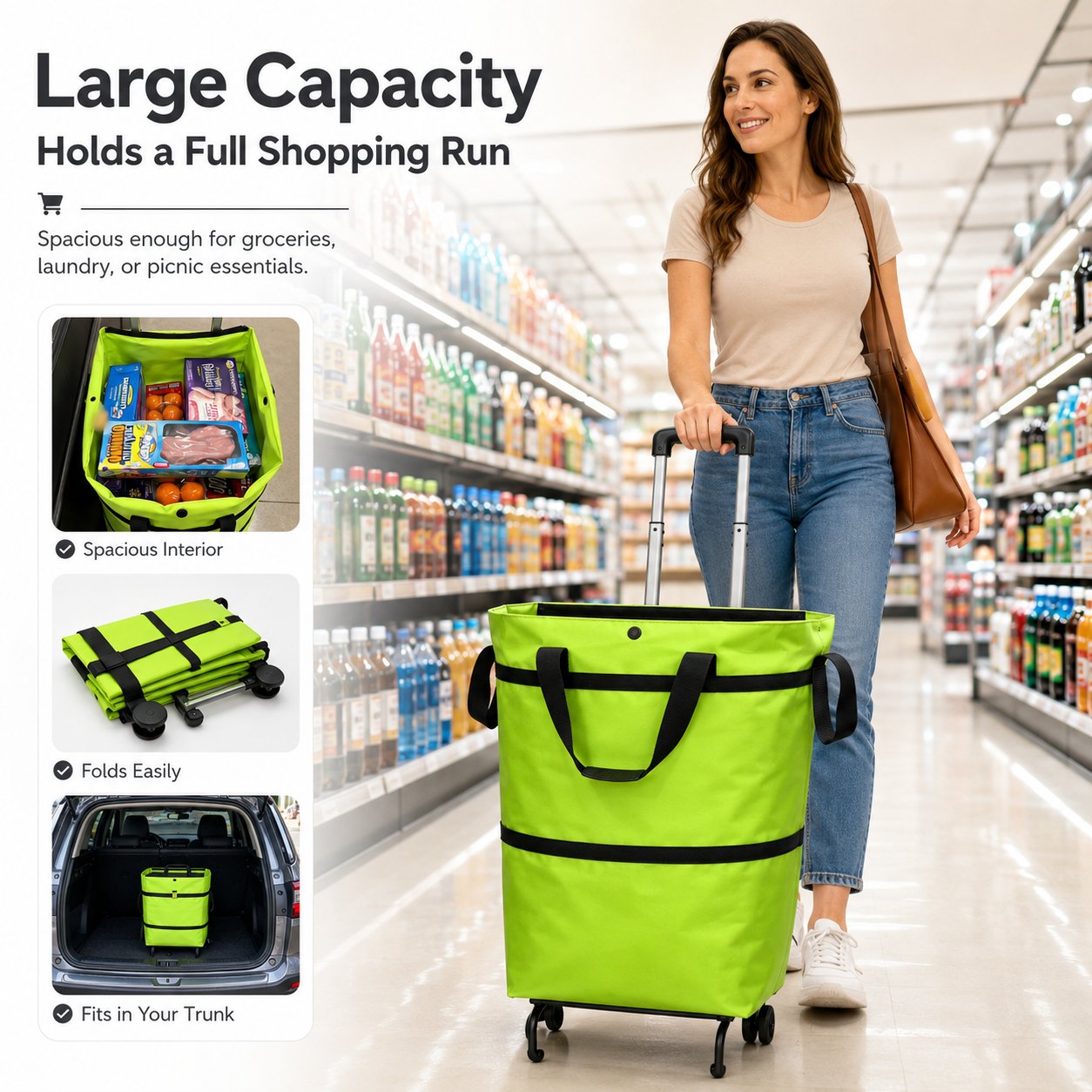 🛒Foldable Shopping Trolley Bag with Wheels, Portable Reusable Grocery Tote