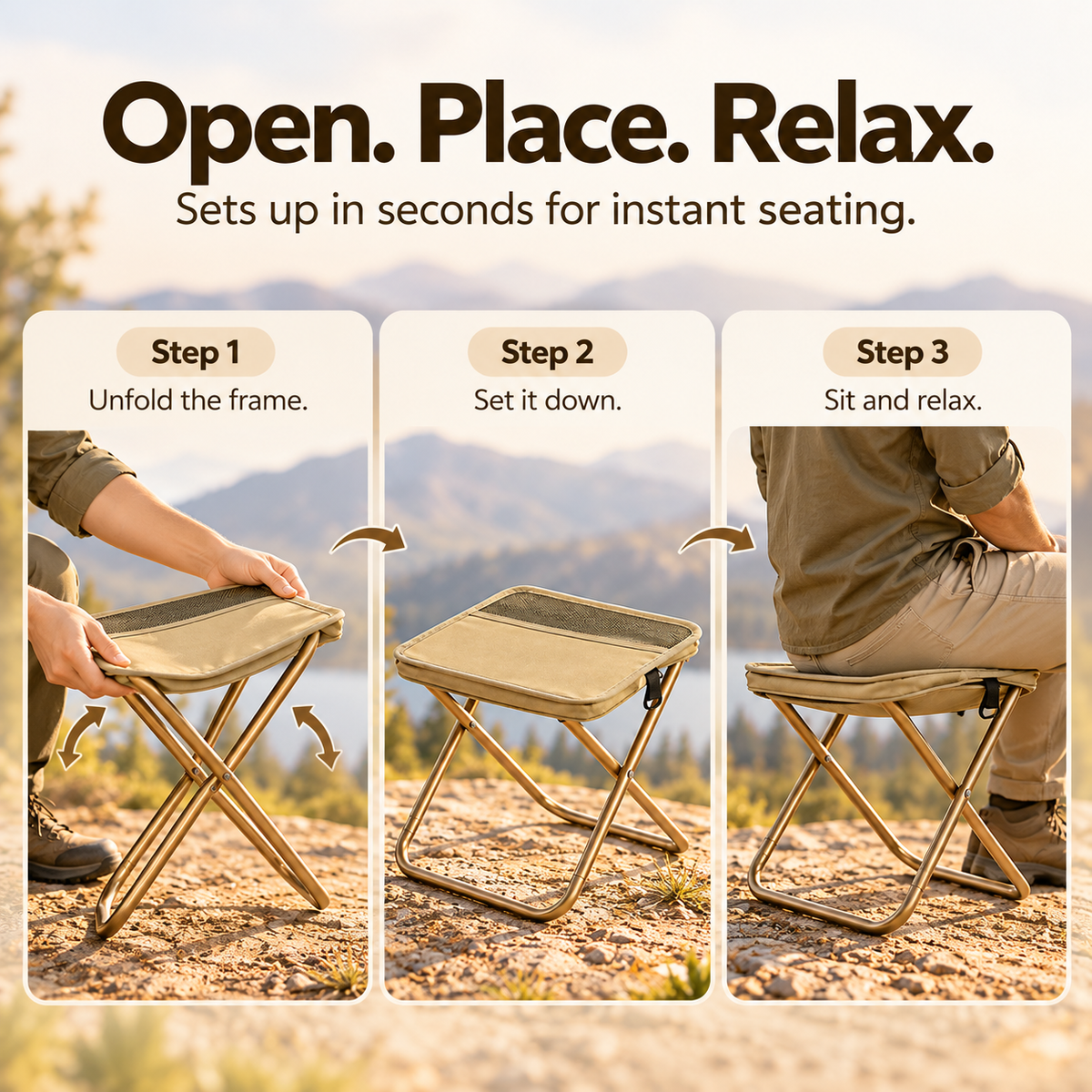 Three-step illustrated guide showing the portable folding stool being opened, placed down and used