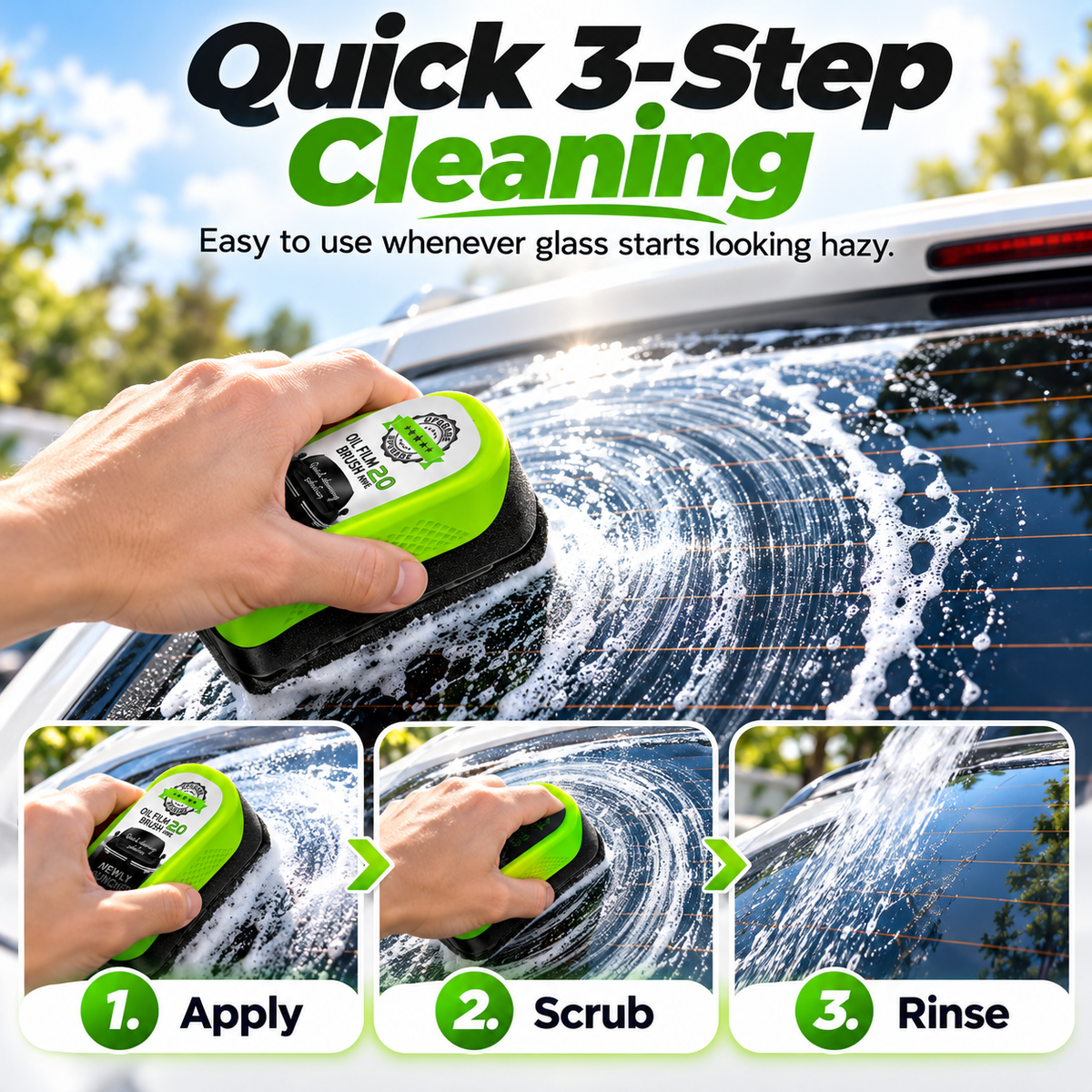 Apply scrub rinse three step car glass oil film cleaning process