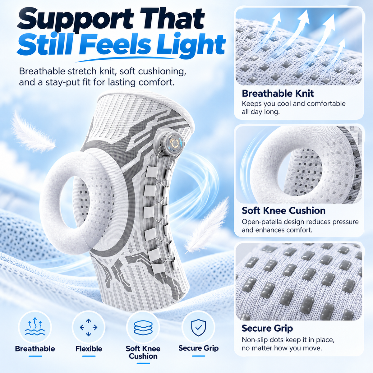 Material detail showing breathable knitted fabric, cushioned kneecap opening and grippy texture