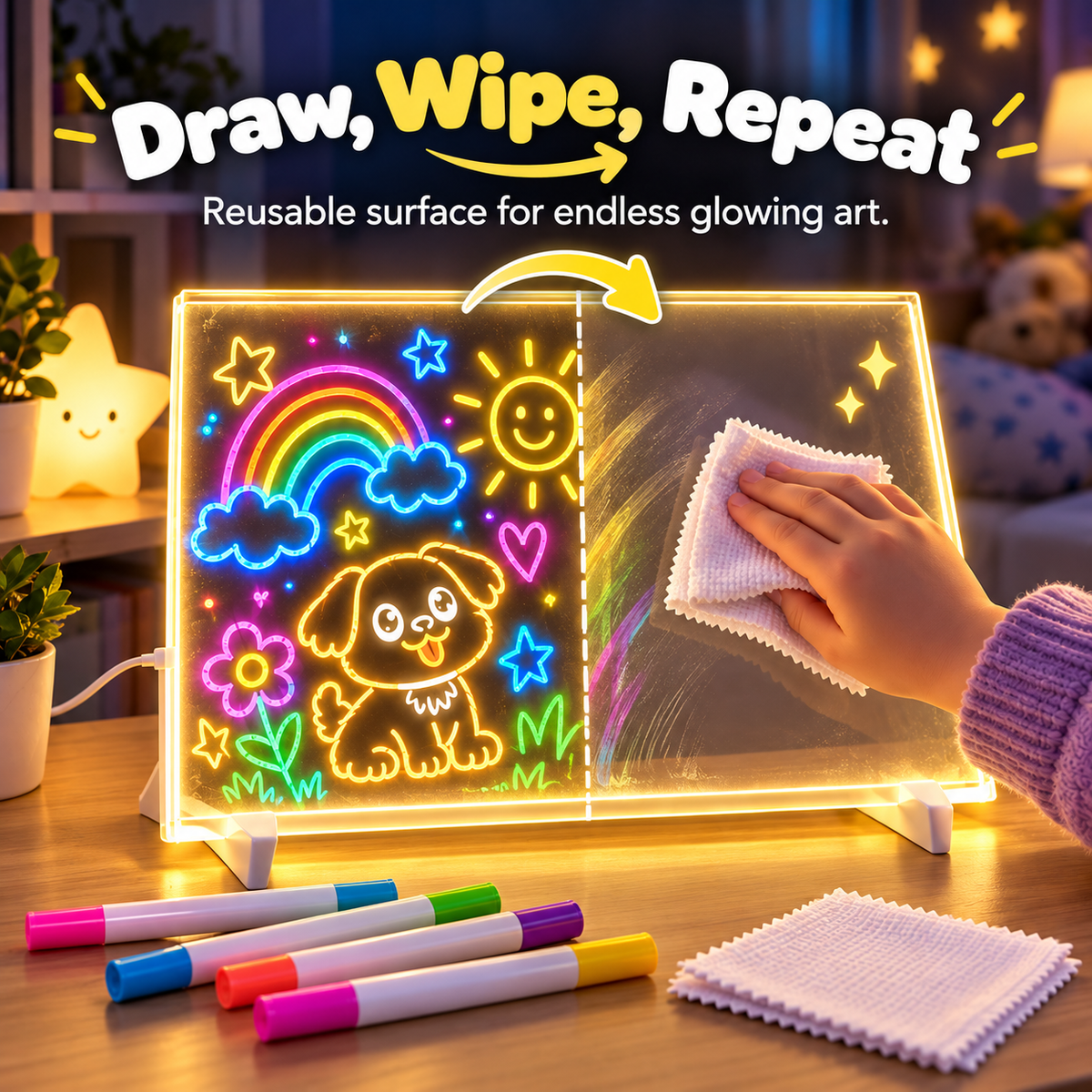 Before and after image of a child wiping colorful artwork from the LED drawing board with a cleaning cloth