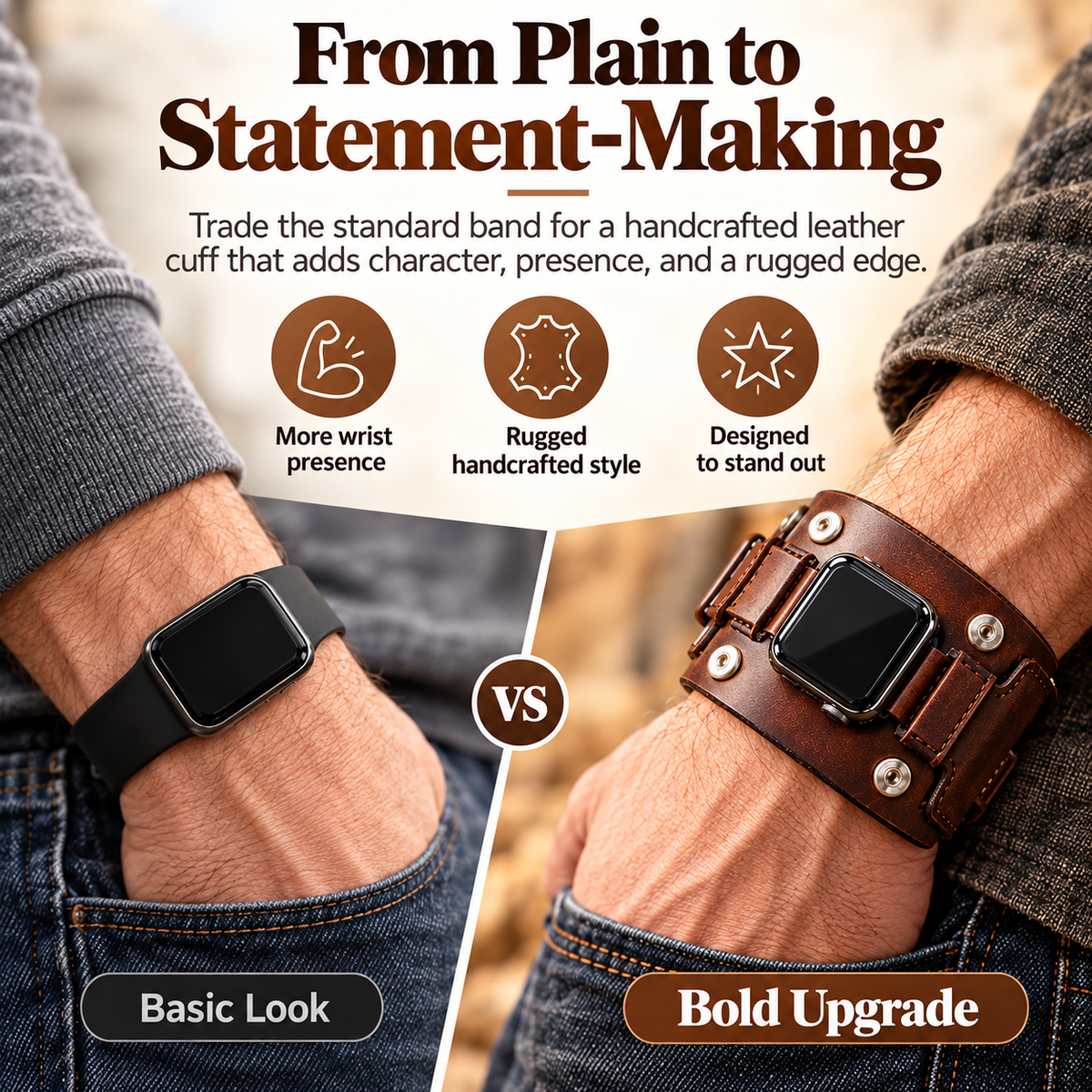 Standard smartwatch band compared with wide rugged vintage cuff band