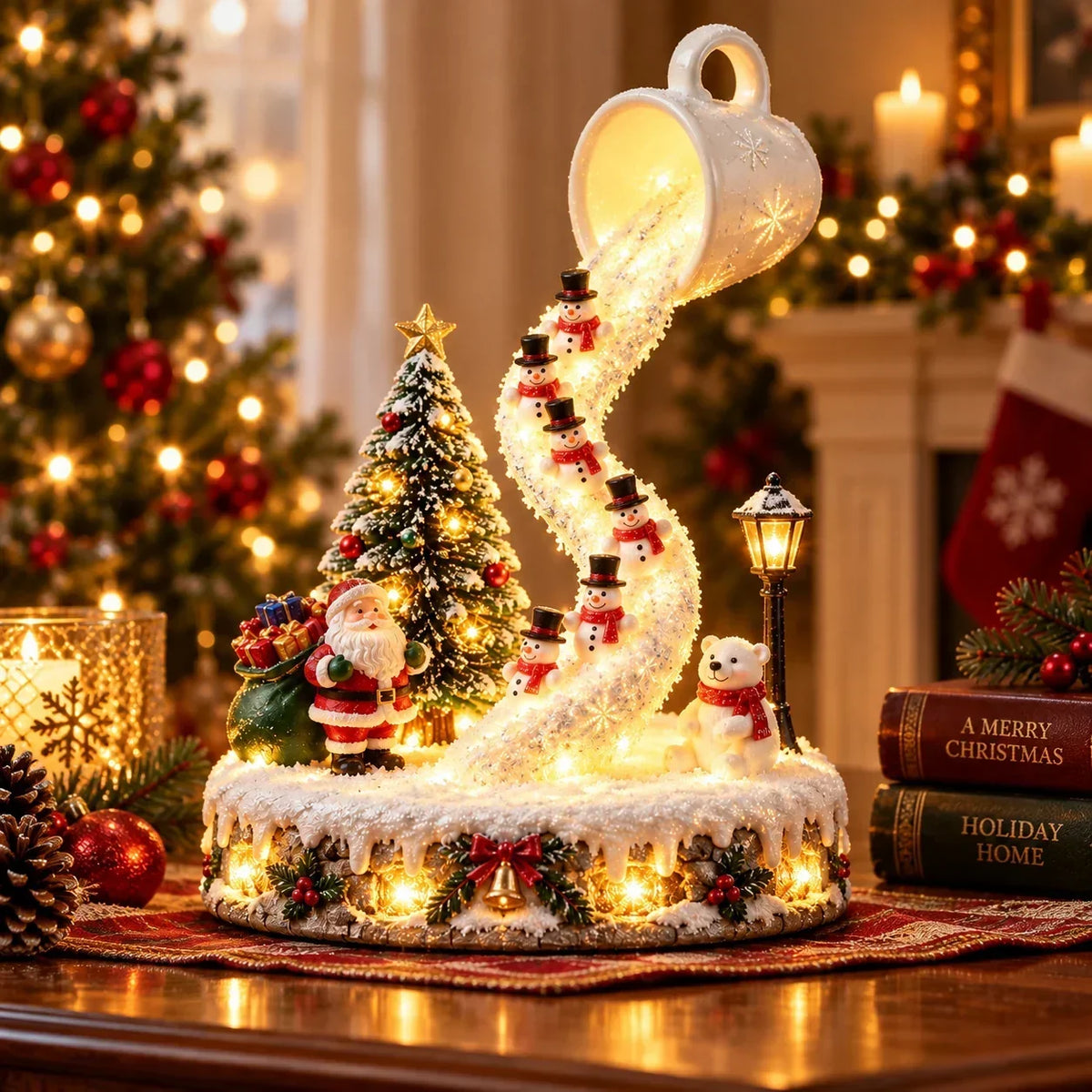 Glowing snowman Christmas mug decoration displayed in a cozy holiday room