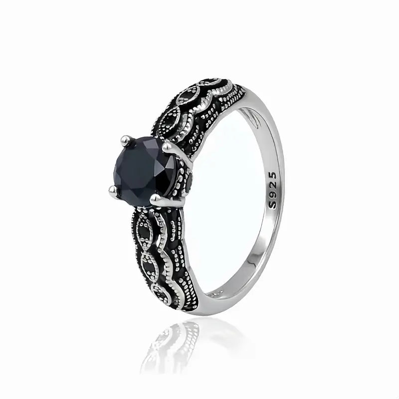 Sterling Silver Vintage Black Synthetic Obsidian Ring