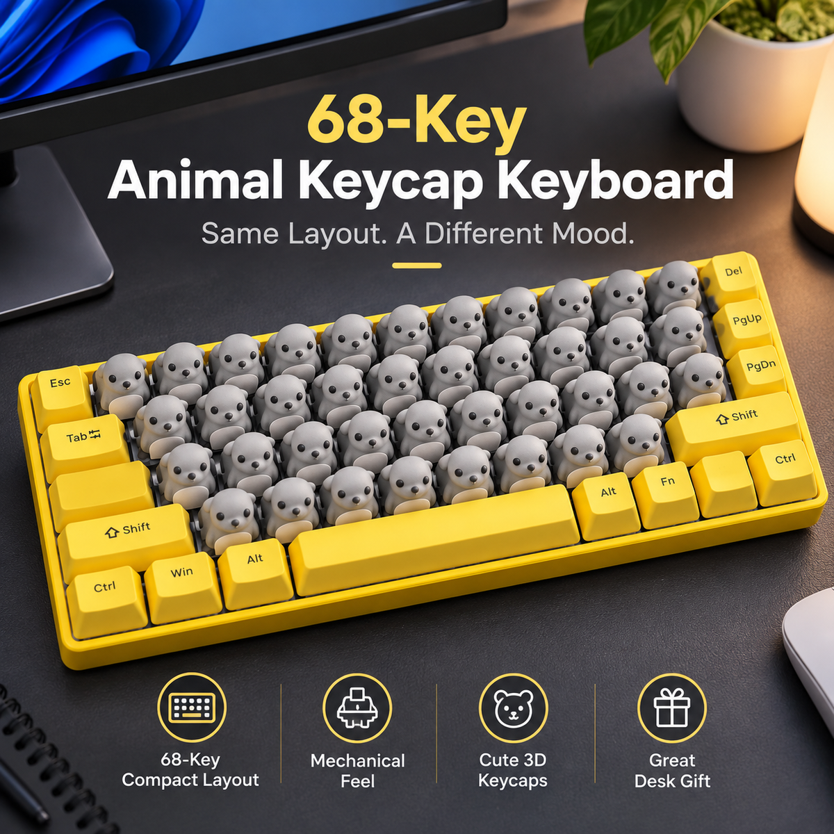 ⌨️68-Key 3D Animal Mechanical Keyboard – Pink Pig & Gray Critter