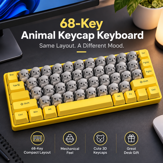 ⌨️68-Key 3D Animal Mechanical Keyboard – Pink Pig & Gray Critter