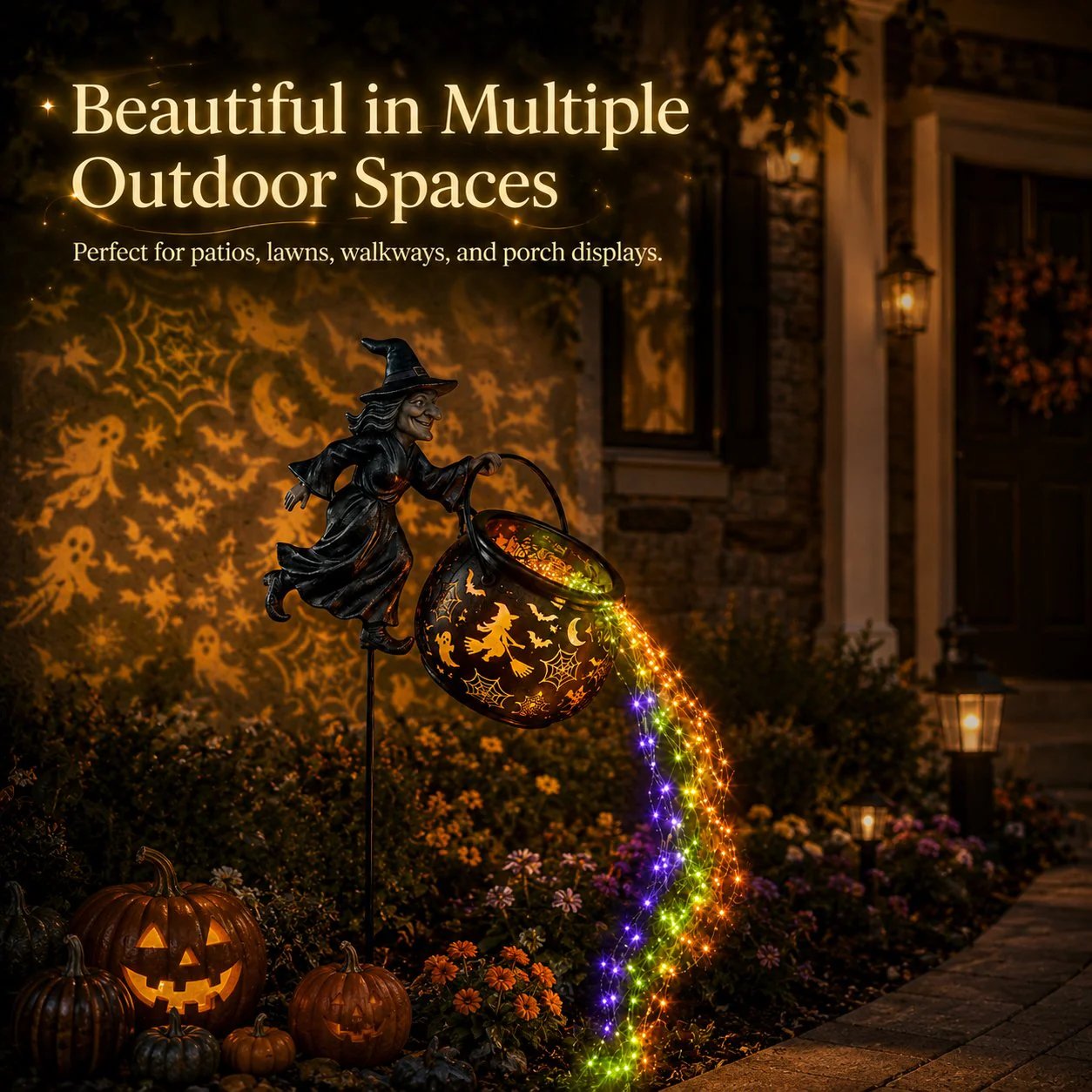 🔥 LAST DAY 50% OFF-🎃 Flying Witch & Glowing Cauldron Garden Light – Magical Halloween Yard Display ✨