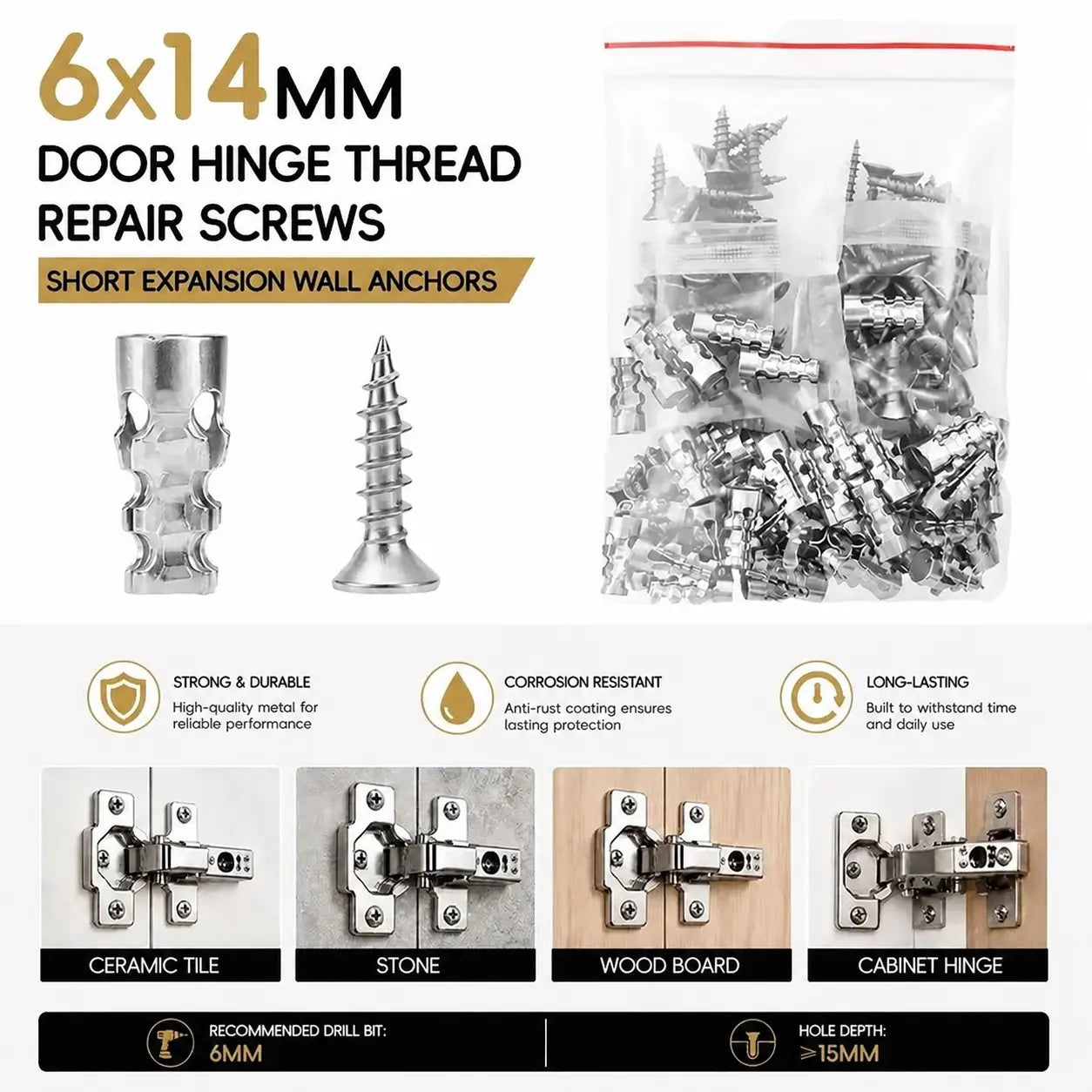 6x14mm Door Hinge Repair Screws & Wall Anchors Pack