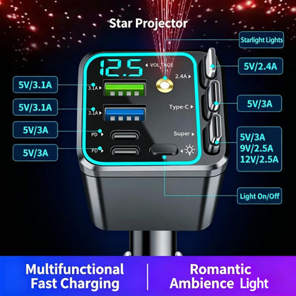 7-in-1 Retractable 102W Fast Car Charger with Star Projector Ambient Light