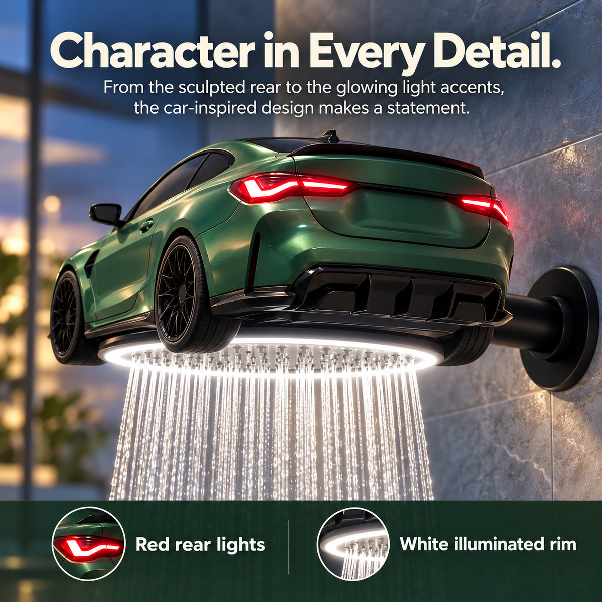 Car-shaped rainfall shower head shown from another angle