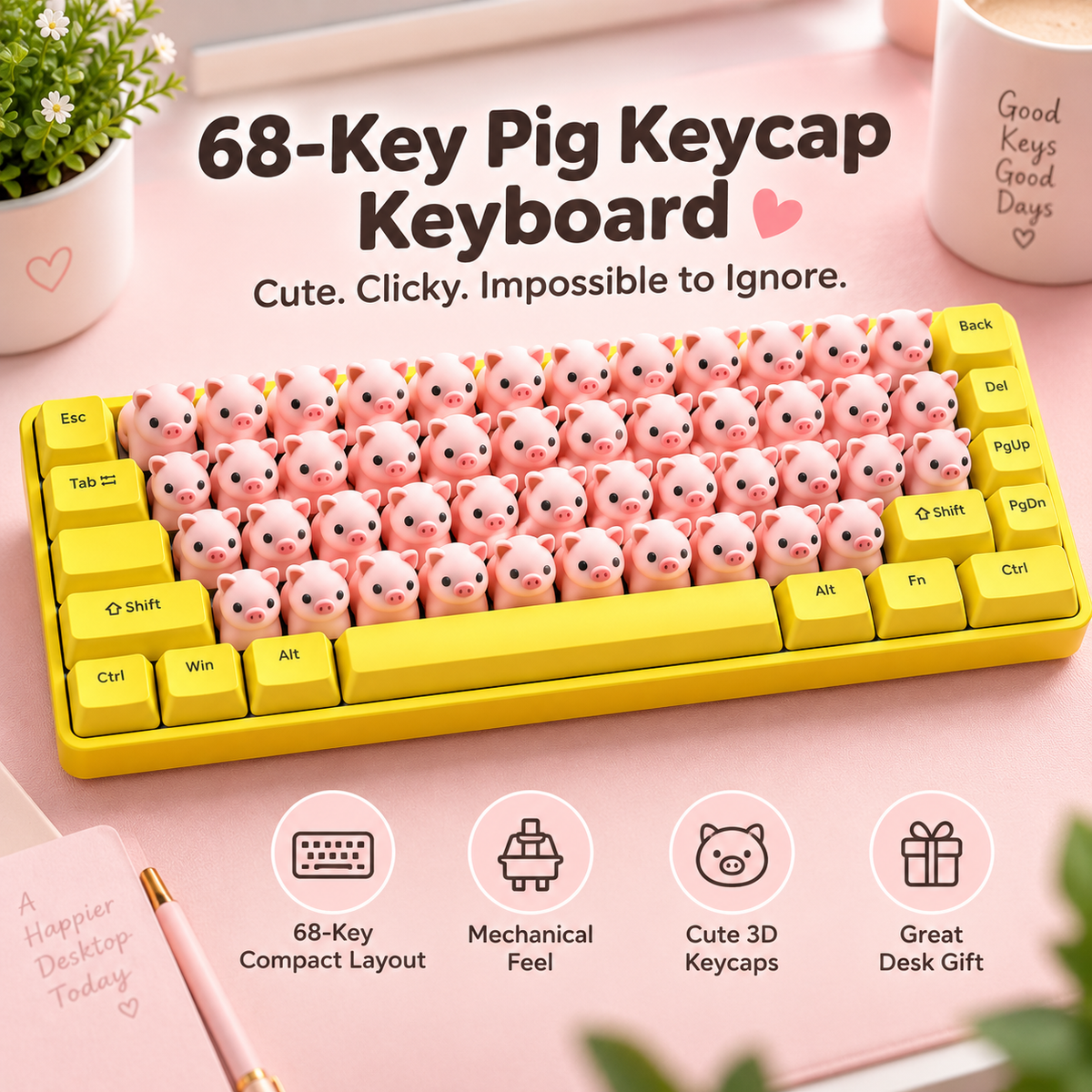 ⌨️68-Key 3D Animal Mechanical Keyboard – Pink Pig & Gray Critter