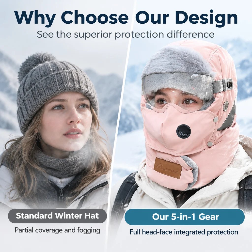 Thermal ushanka winter hat compared with a basic winter cap