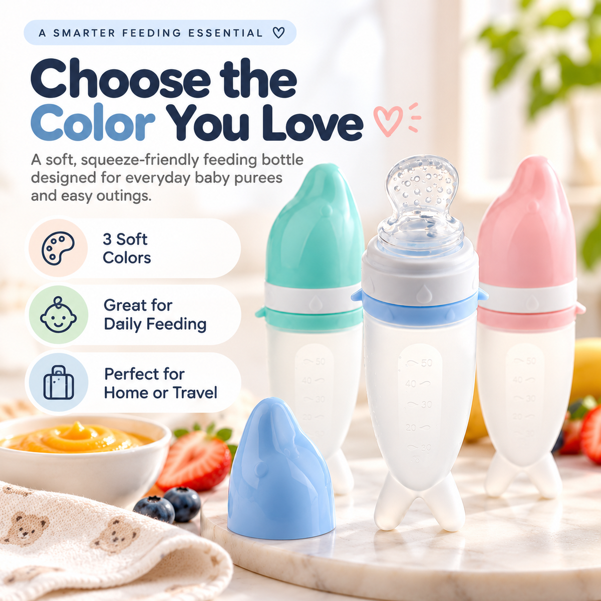 Pink blue and cyan baby squeeze feeding bottles