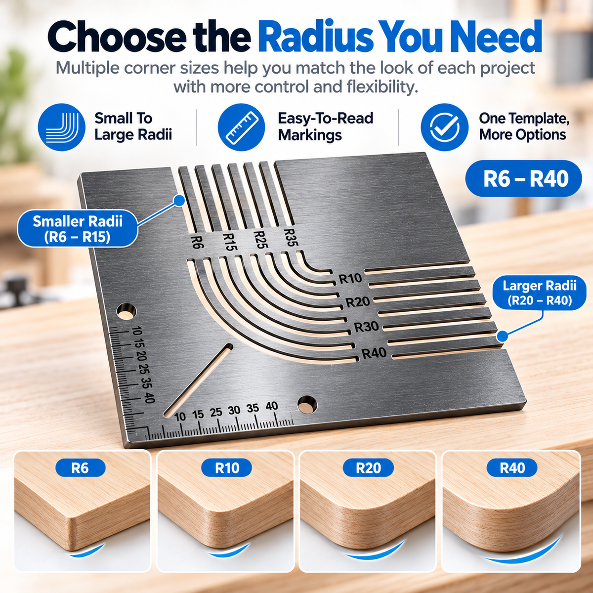 Corner radius template showing R6 through R40 rounded corner guide options