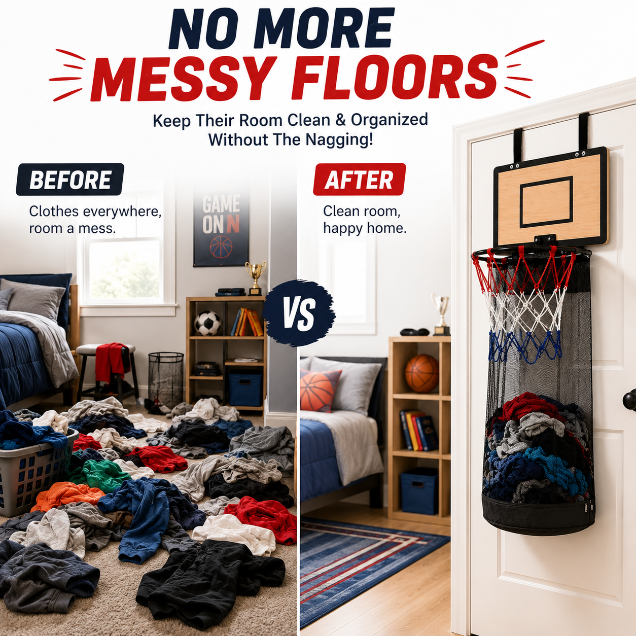 🏀Basketball Laundry Hamper – Over-the-Door Laundry Hoop for Kids' Rooms