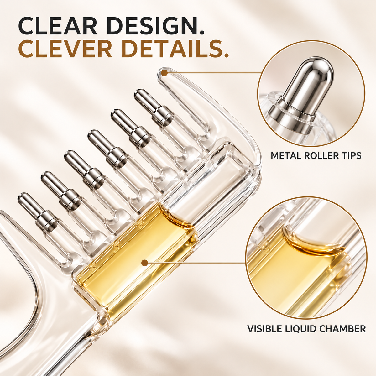 Close-up of the scalp applicator showing metal roller tips and visible liquid chamber