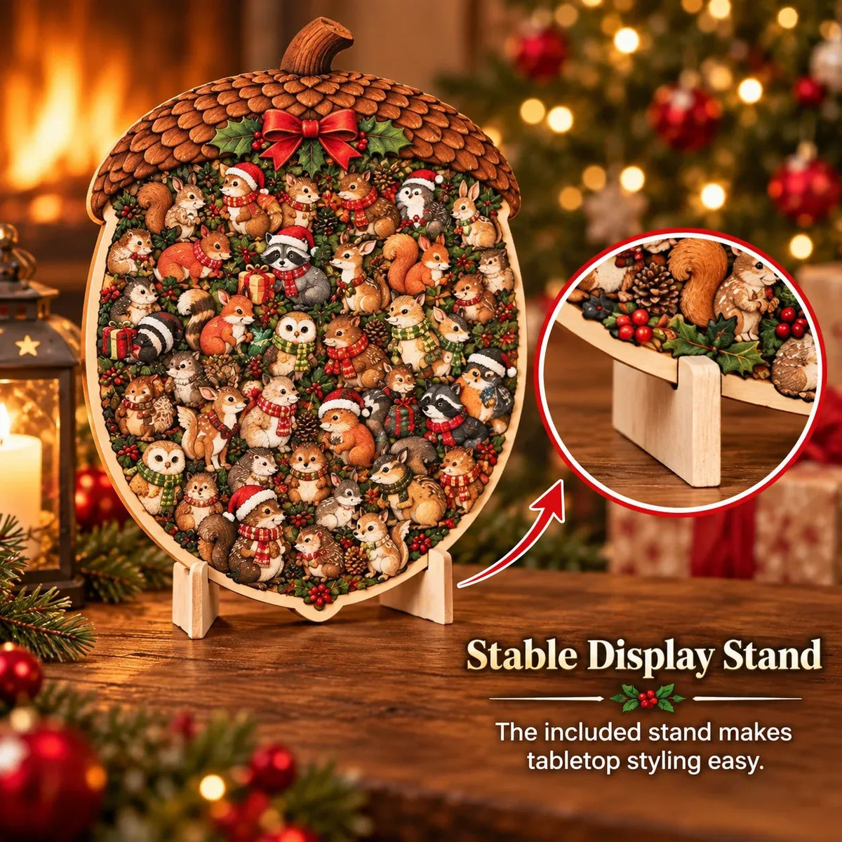 Completed wooden Christmas puzzle displayed on stable matching stand