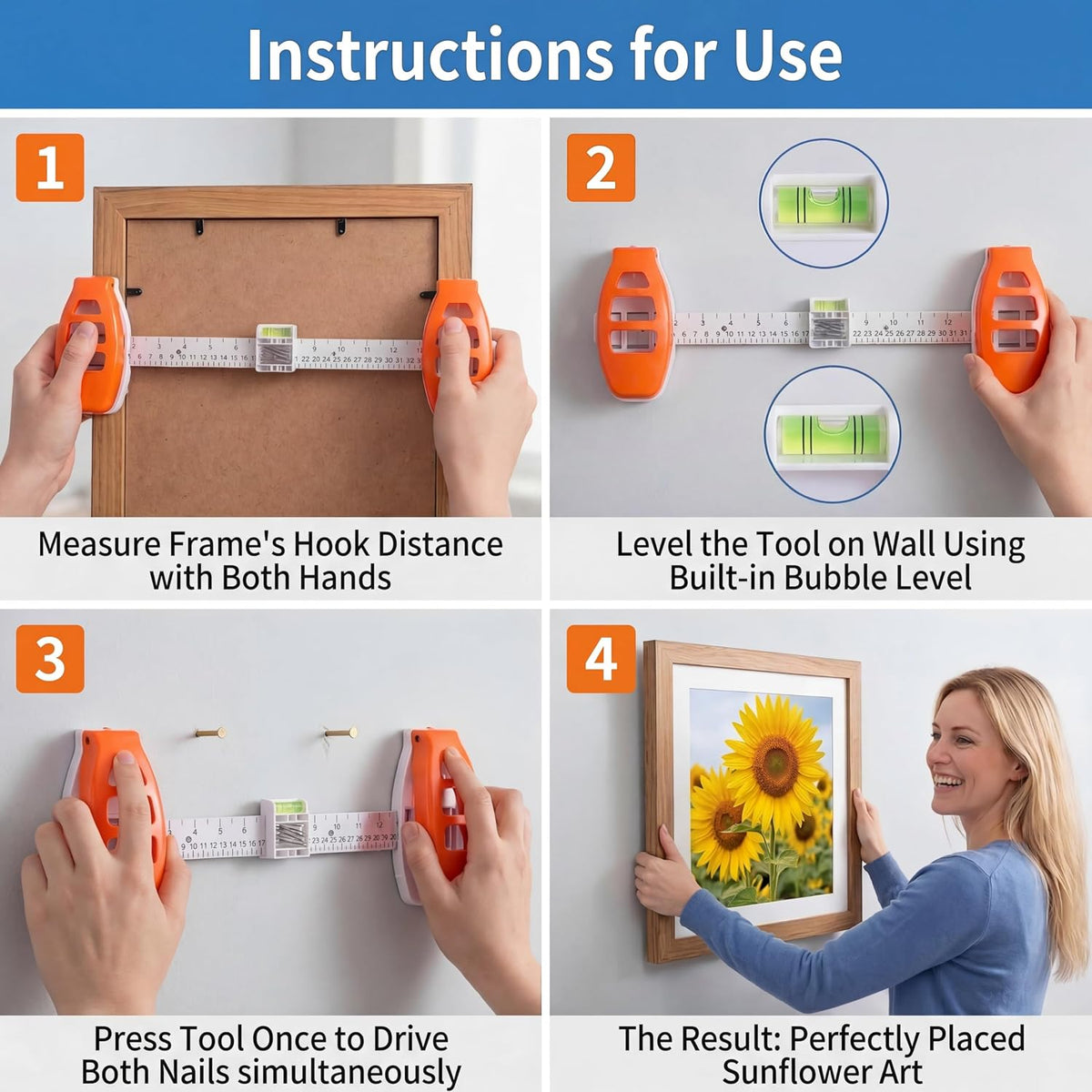 Hang Hero-3-in-1 Picture Hanging Tool, Magnetic Nail Hanger with Level Ruler