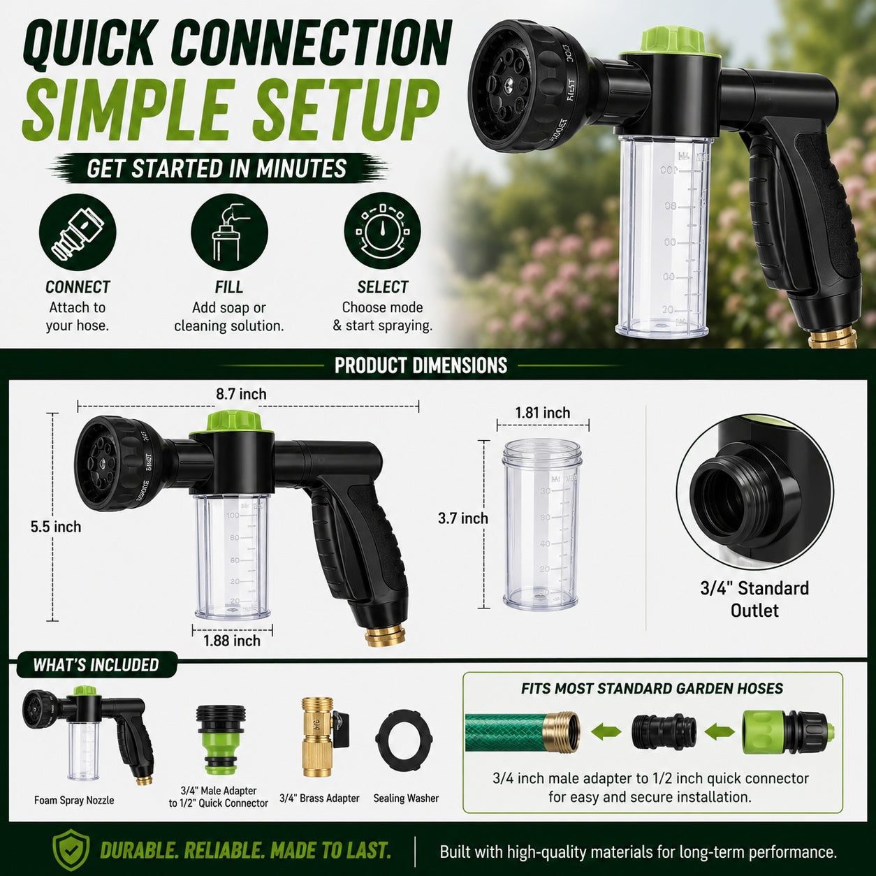 8-Pattern Garden Hose Nozzle with Built-In Soap Dispenser