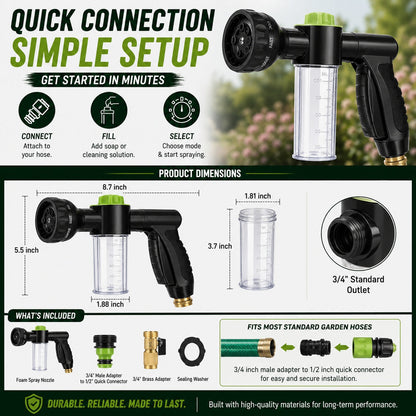 8-Pattern Garden Hose Nozzle with Built-In Soap Dispenser