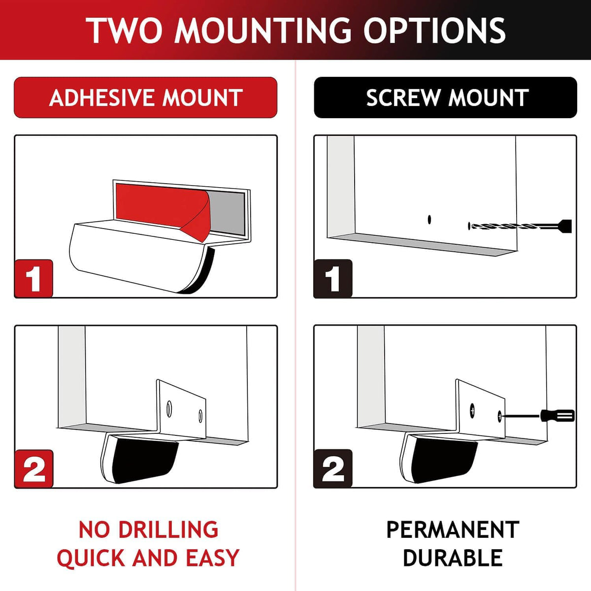 Adhesive and screw installation options for cabinet foot pull