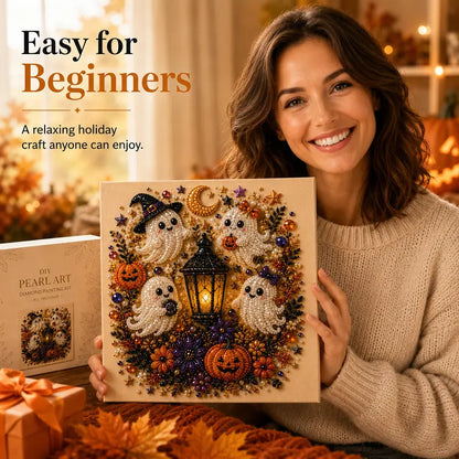 Spooky Cute Ghost Pearl Diamond Painting Kit – 8" x 8" Halloween DIY Wall Art & Craft Gift