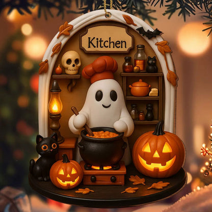 Halloween Reading Nook Wooden Ornament – Cozy Book Lover Gift