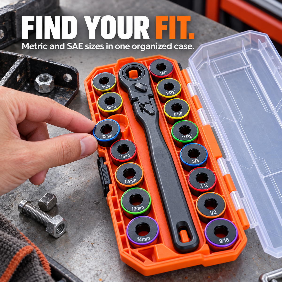 Metric and SAE pass-through socket inserts arranged in two rows inside the orange storage case with a clear lid