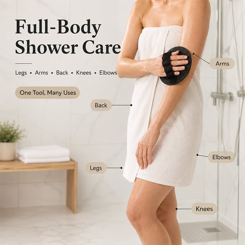 Full body use of soft rubber exfoliating shower glove