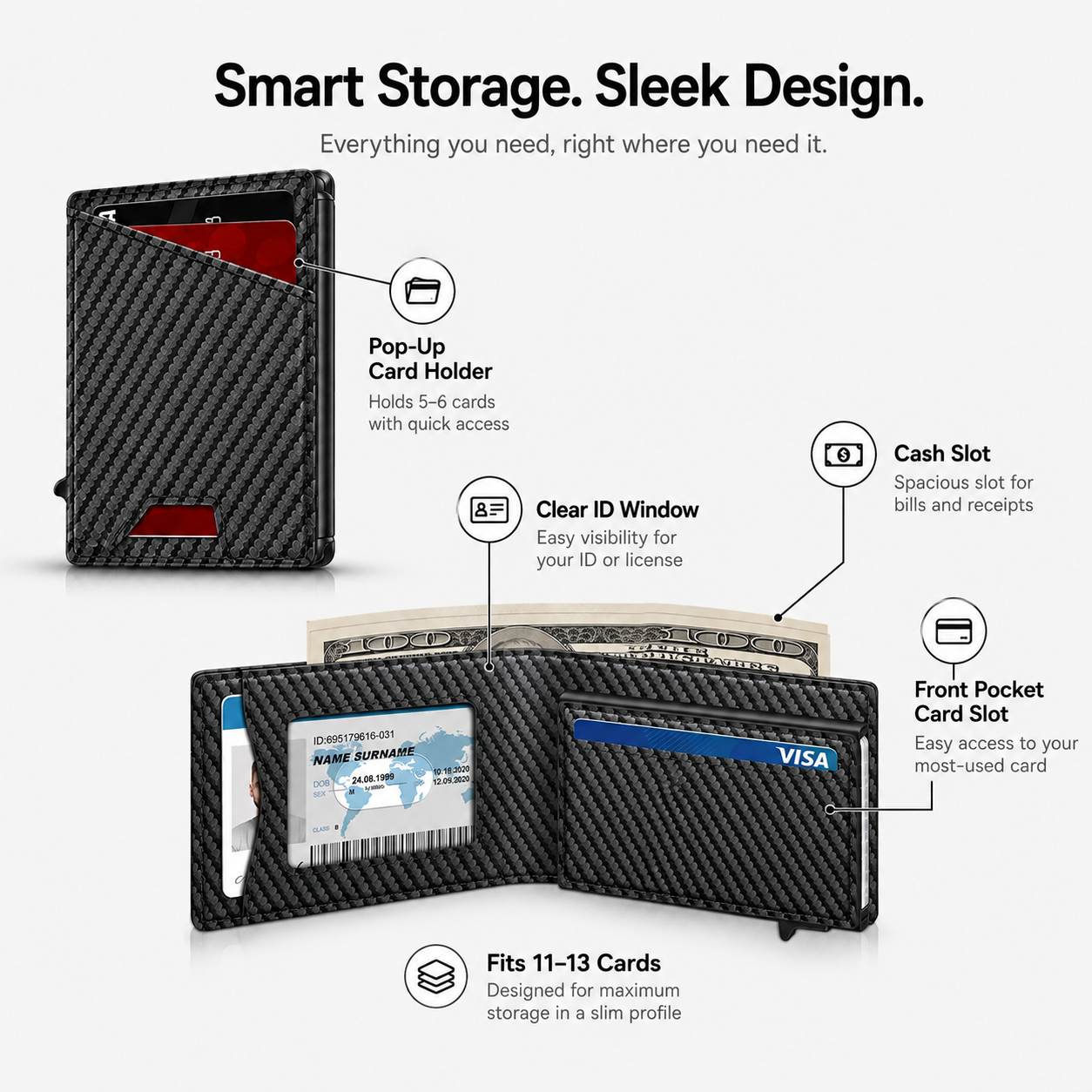 💳 Men's RFID Minimalist Bifold Wallet | Pop-Up Card Holder with ID Window & Money Clip | Gift Box Include