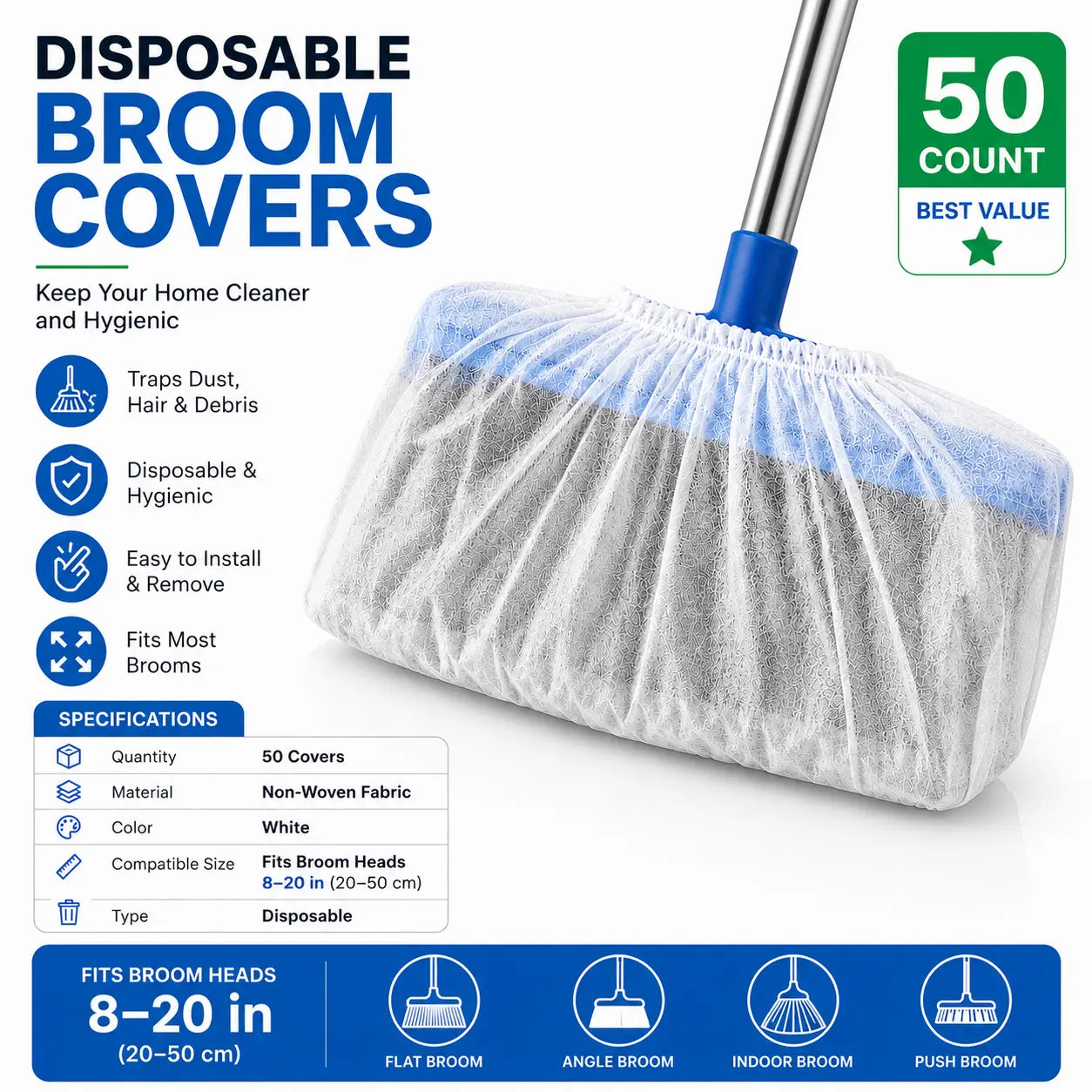 🔥Disposable Broom Dust Covers, Non-Woven Dust Catcher Covers for Most Standard Brooms, Traps Dust, Hair & Debris