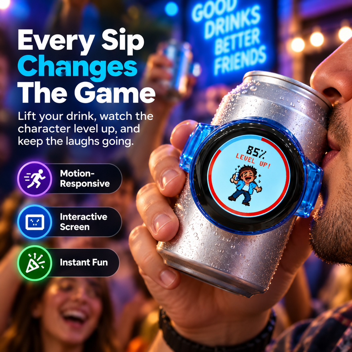 Pixel Party Can Companion reacting as the canned drink is lifted