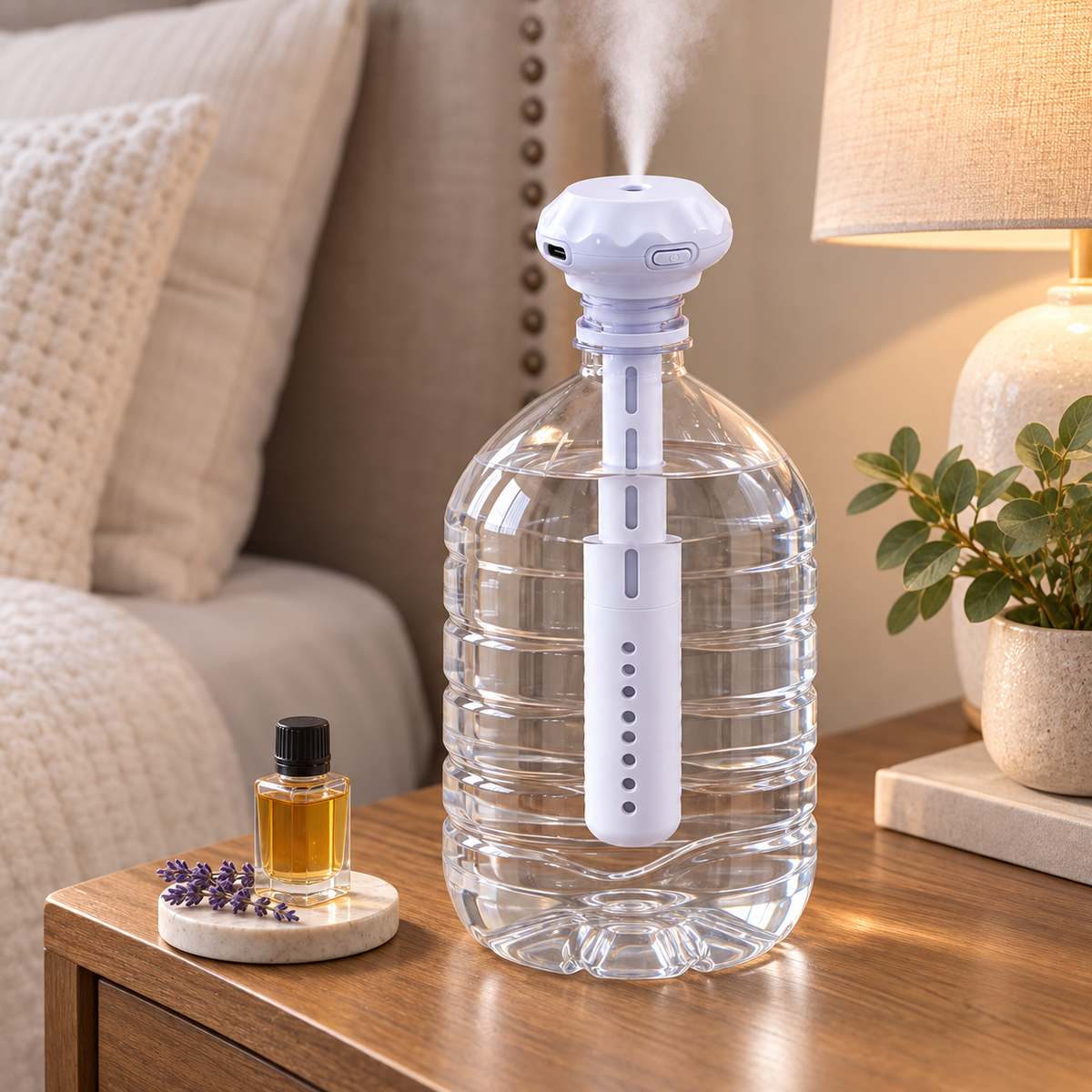 Portable bottle humidifier producing cool mist beside a bed