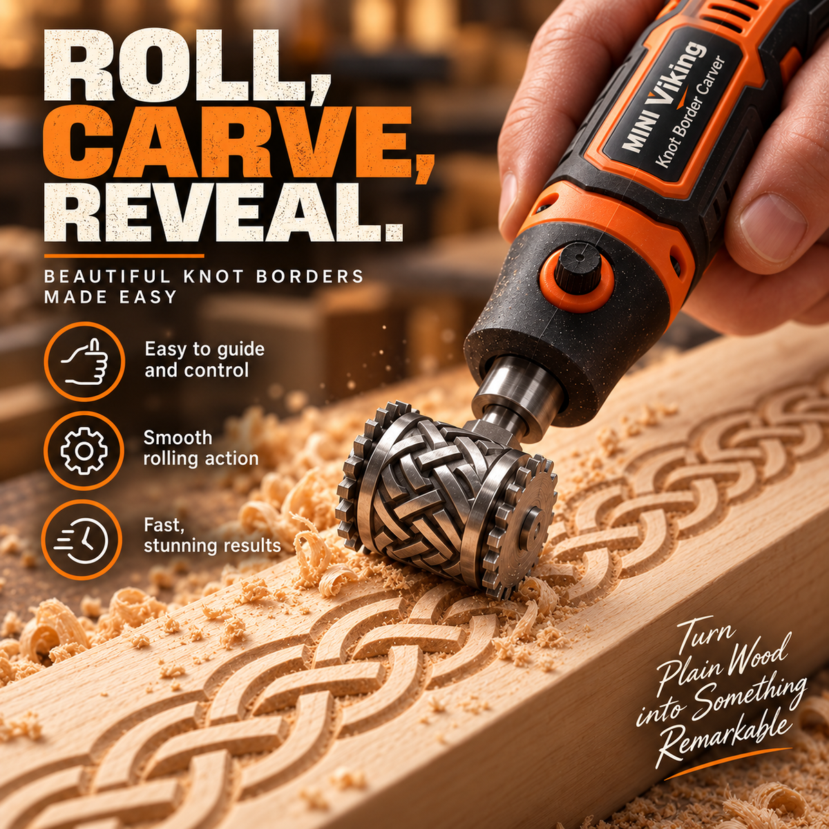 MINI Viking knot border carving roller creating a continuous interlaced pattern along wood