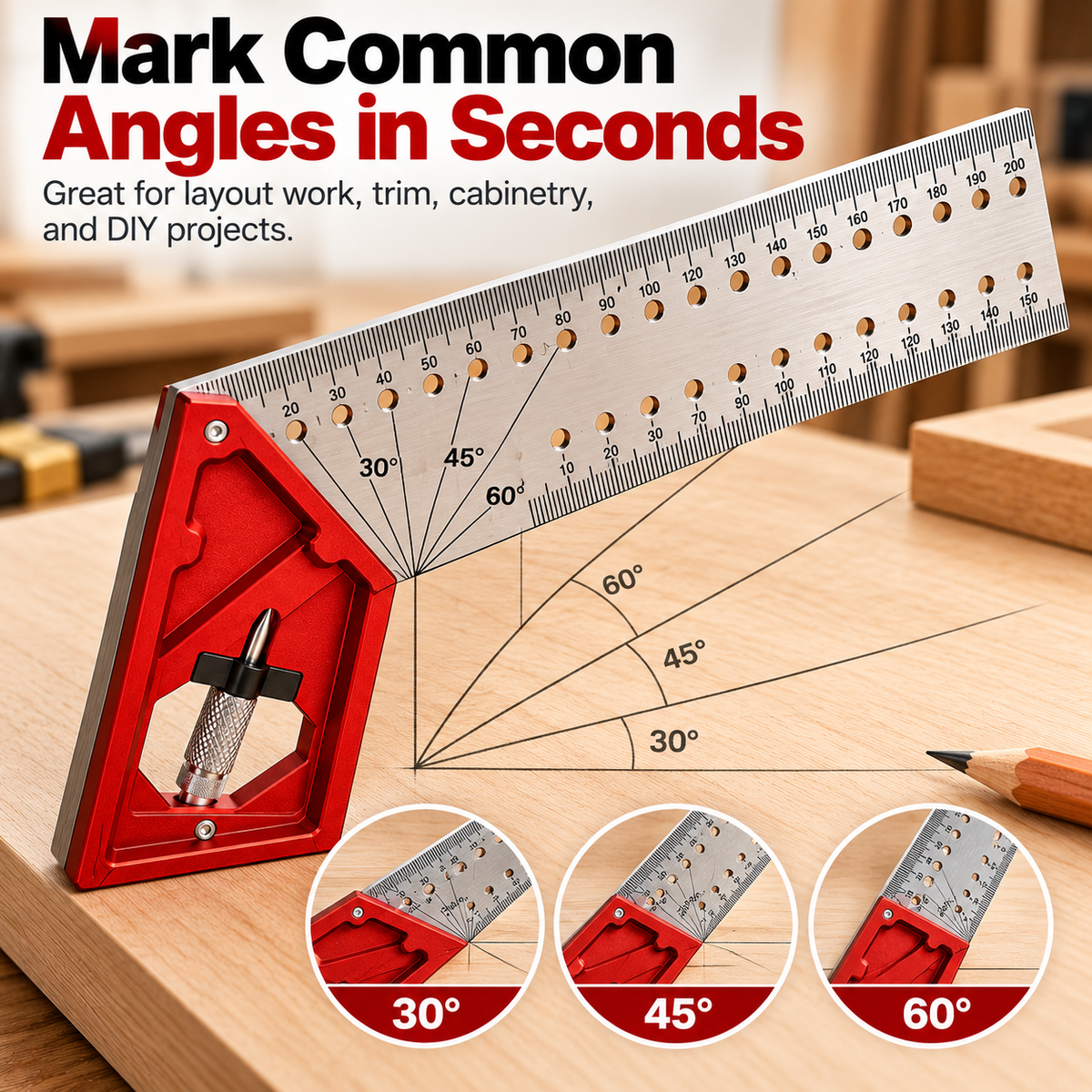 Woodworking layout ruler showing common angle references