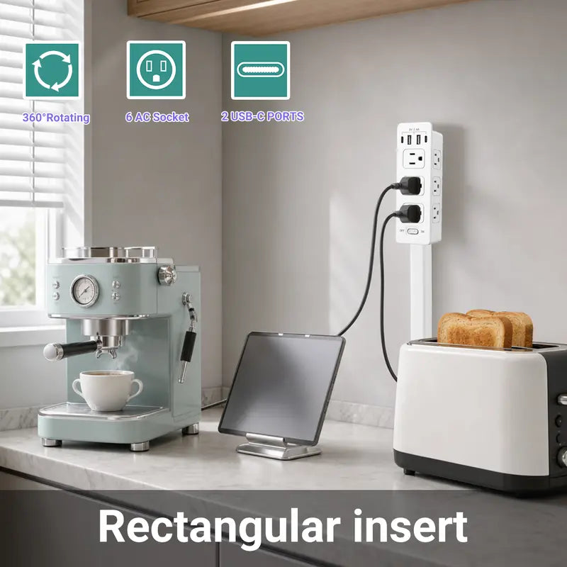 Rotating outlet extender used in a kitchen with several side AC outlets and USB charging connections