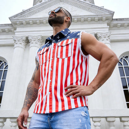 Yuanbang 4th of July Men’s and Women's American Flag Denim Vest - 4th of July Patriotic Casual Sleeveless Jacket