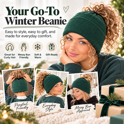 💚❄️ Women's Winter Ponytail Beanie Hat 🧶✨ Cozy Warm Knit Hat with Messy Bun Opening 🎀 Stretchy Ribbed Cuff Beanie for Cold Weather ☃️💕 5 Colors Available 🌈🎁